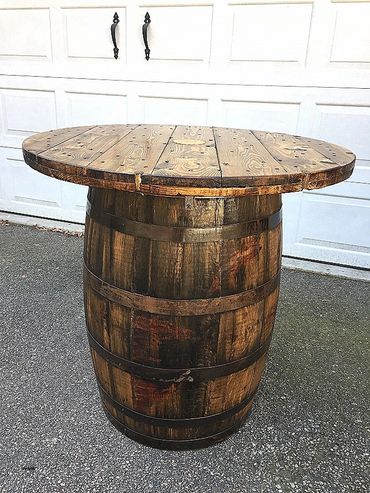 whiskey barrel cocktail table with spool top