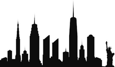 Black silhouette of a city skyline with the Statue of Liberty.