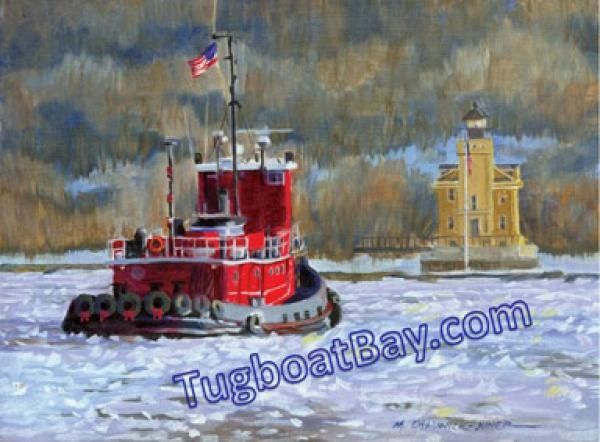 “Seasons Tidings” Tugboat & Lighthouse Holiday Card #3