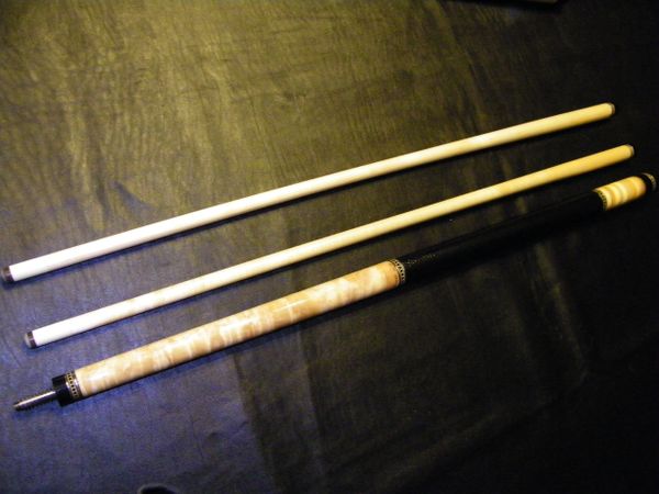 Coker cue, curly maple with black leather wrap
