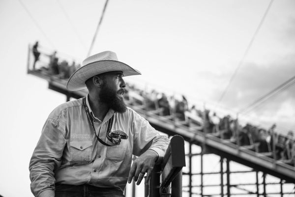 Photo of a cowboy sitting on fence watching the rodeo.
