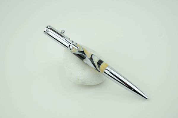 Apollo bolt action ballpoint pen, black and white pearl, chrome