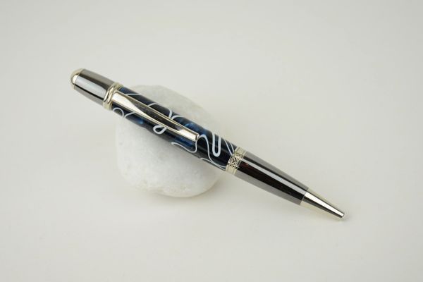 Sierra ballpoint pen, black with dark blue shimmer and white swirl, platinum plated