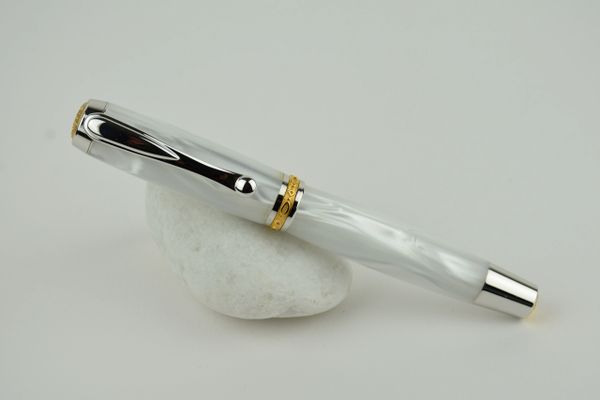 Jr Statesman fountain or rollerball pen, non postable, white pearl, rhodium/gold plated