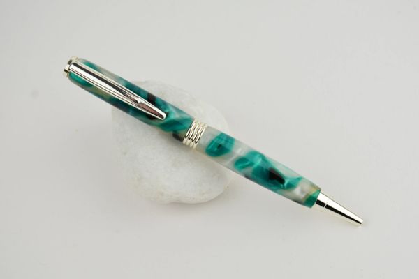 Streamline ballpoint pen, turquoise white and black, silver plated