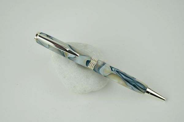 Streamline ballpoint pen, translucent white and grey, silver plated