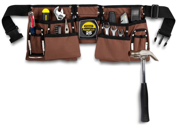 11 Pocket Brown and Black Heavy Duty Construction Tool Belt, Work Apron, Tool Pouch, with Poly Web Belt Quick Release Buckle - Adjusts from 33” Inches All the Way to 52” Inches
