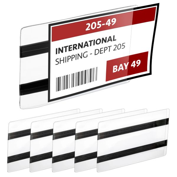 Pack of 25 - Pallet Rack Sign Holder with Two Magnetic Strips, Vinyl Pouch Label Holder with Side Opening, Rack & Shelf Card Holders, Size 3-1/2" Height x 5-1/2" Wide