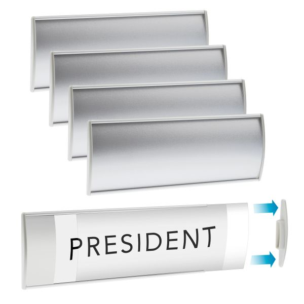 Set of 6 – Sturdy & Elegant Silver Aluminum Wall Mount Name Plate Holder, Curved Office Business Door Sign Holder with Adhesive Tape, 8” X 3” - Plastic Film Included, Paper Inserts NOT Included