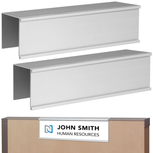 Set of 2 – Sturdy & Elegant Silver Aluminum Cubicle Name Plate Holder, Office Business Sign Holder, 8” X 2” - Fits 2” Cubicle Wall - Plastic Film and Paper Inserts NOT Included