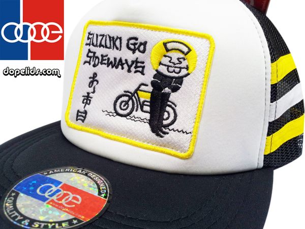 Suzuki Vintage Style Motorcycle Trucker Hat (Yellow/White Stripes)