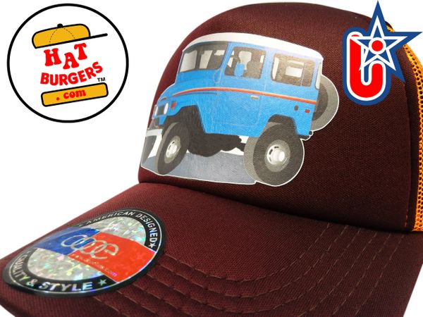 smARTpatches Truckers 70's 4 x 4 Truck Trucker Hat Curved Bill (Blue Truck, Orange & Cinnamon)