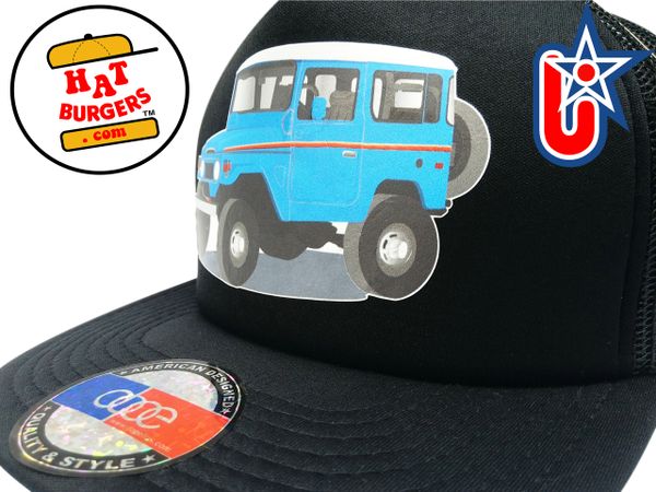 smARTpatches Truckers 70's 4 x 4 Truck Trucker Hat (Blue Truck, Solid Black)