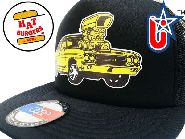 smARTpatches Truckers 70's Muscle Car Hot Rod Trucker Hat (Yellow Car, Solid Black)