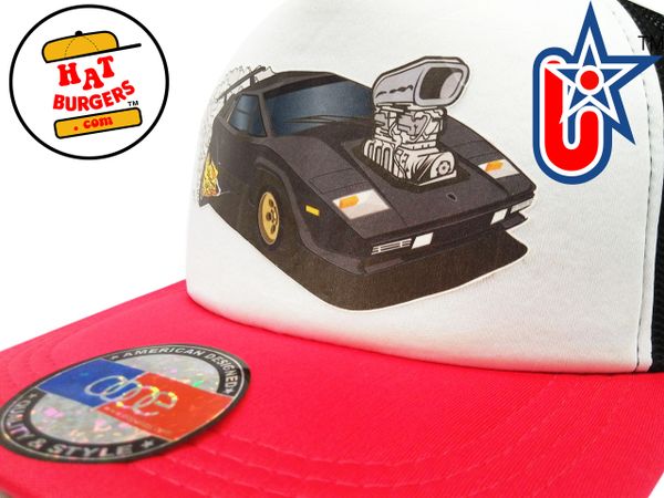 smARTpatches Truckers 80's Muscle Car Hot Rod Trucker Hat (Black Car, RED/WHI/BLK))