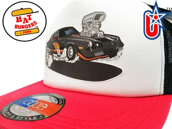 smARTpatches Truckers 80's Muscle Car Hot Rod Trucker Hat (Black Car, RED/WHI/BLK)