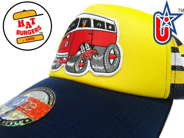 smARTpatches Truckers 70's Hippie Van Car Hot Rod Truck Trucker Hat (Blue, Yellow w Stripes)