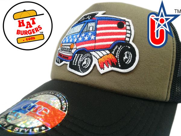 smARTpatches Truckers 70's Hippie USA Van Shaggin Wagon Car Hot Rod Truck Trucker Hat (Black, OD Green)