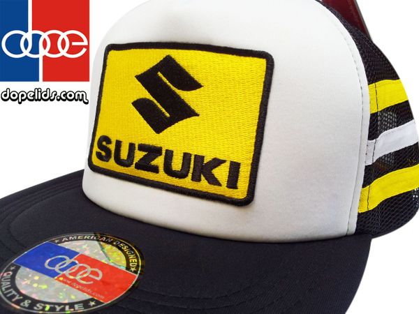 smartpatches Suzuki Vintage Style Motorcycle Trucker Hat (Yellow/White Stripes)