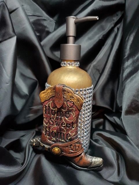 Custom made soap dispenser with bejeweled body & cowboy boot pendant.