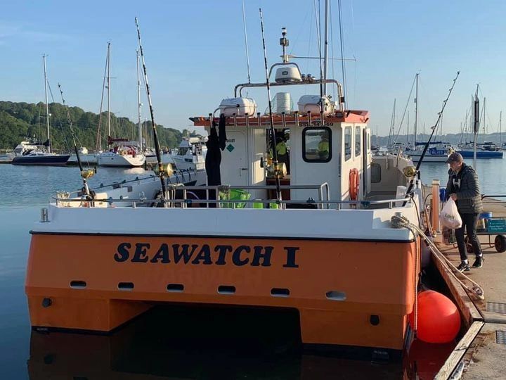 seawatch at mylor harbour falmouh cornwall moored up ready to leave with rods and reels ready jack o