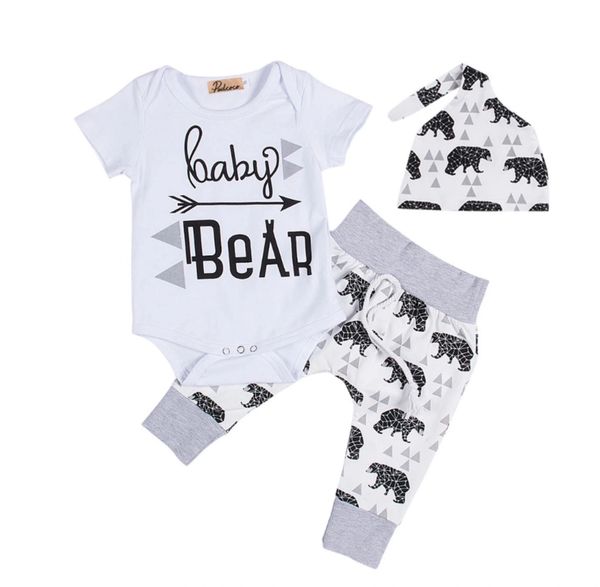 Girls Boy Baby Bear Outfit - Onesie Pants Hat 3pc Outfit Set - 6-12 ...