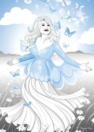 Dolly Parton in a field with butterflies Monika Roe Illustration