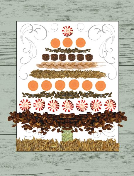 Christmas Card: Christmas Tree made with treats, grain, peppermints & carrots