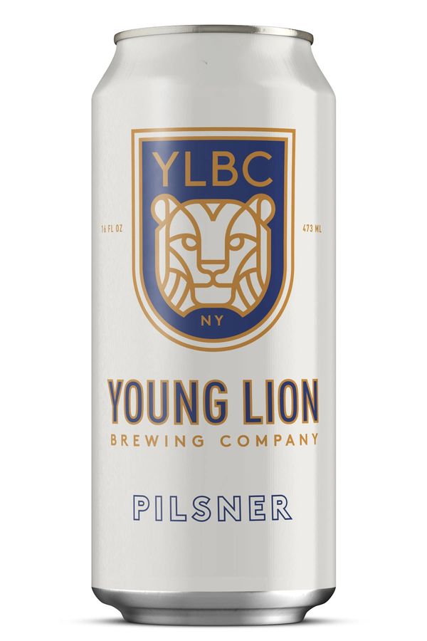 Can rendering of our Pilsner, white can with blue lion YLBC logo.