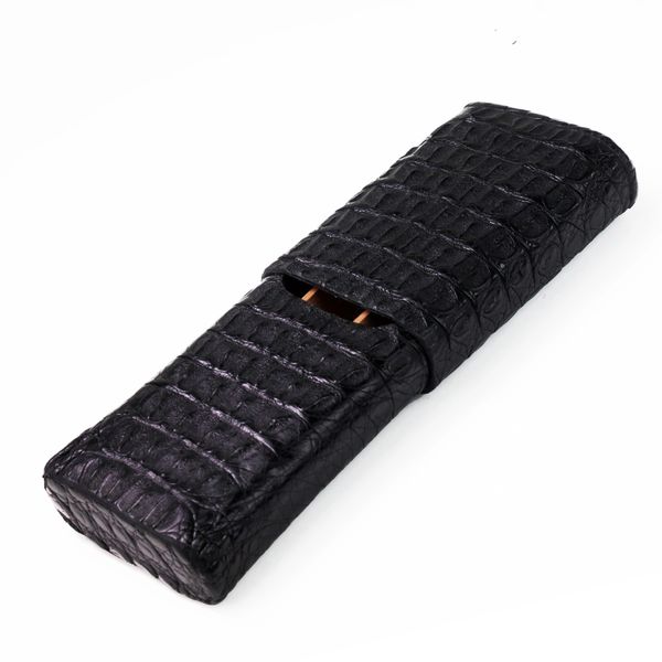 Havana Hand Finished Alligator Grain Saddle Leather Cigar Case - Black