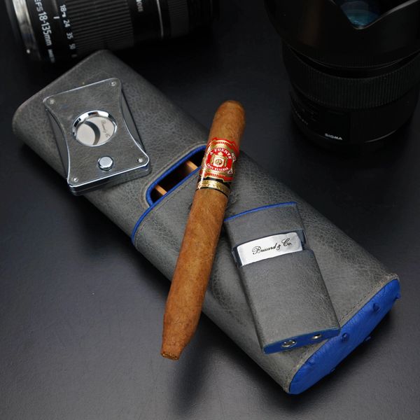 The Show Band 3 Cigar Case - Blue Ostrich and Gray Leather