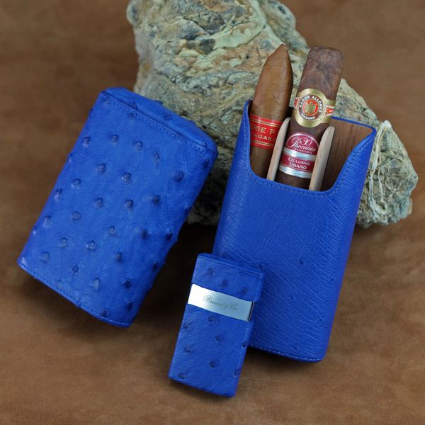 Ostrich Leather 2 Finger Evening Cigar Case in Presidential Blue