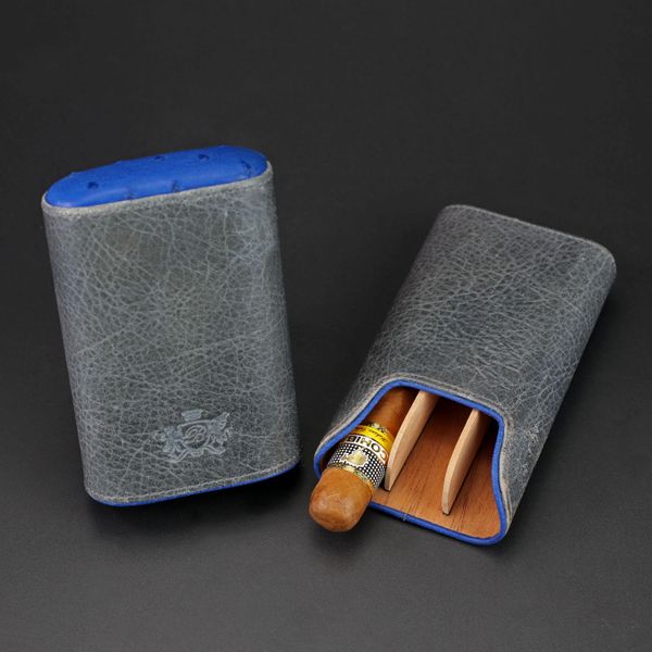 The Single Cigar Tube - Blue Ostrich and Gray Leather