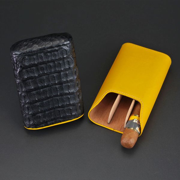 Havana Hand Finished Alligator Grain Saddle Leather Cigar Case - Black