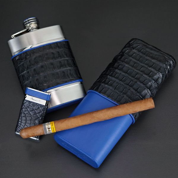 The Show Band 3 Cigar Case - Genuine Tobacco Caiman Alligator and Orange  Leather