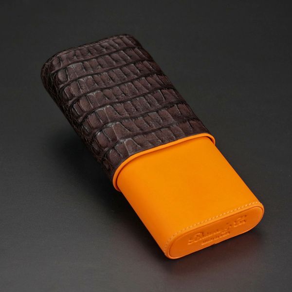 The Show Band 3 Cigar Case - Genuine Tobacco Caiman Alligator and Orange  Leather