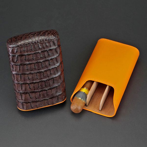 The Show Band 3 Cigar Case - Genuine Tobacco Caiman Alligator and Orange  Leather