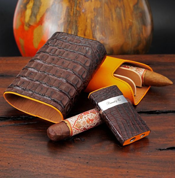 The Show Band 3 Cigar Case - Genuine Tobacco Caiman Alligator and Orange  Leather