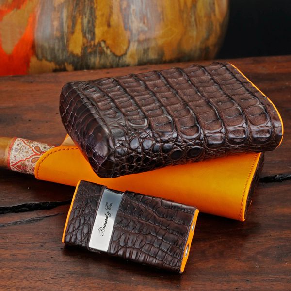 The Show Band 3 Cigar Case - Genuine Tobacco Caiman Alligator and Orange  Leather