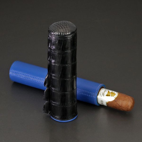 The Single Cigar Tube - Genuine Black Caiman Alligator and Blue Leather