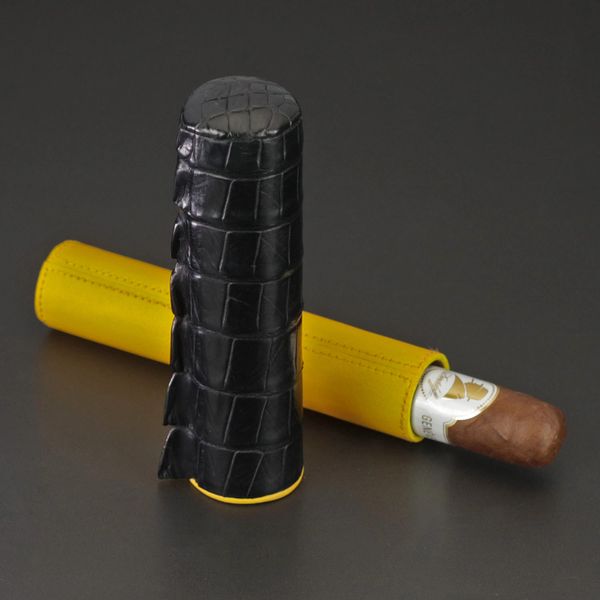 The Single Cigar Tube - Genuine Black Caiman Alligator and Blue