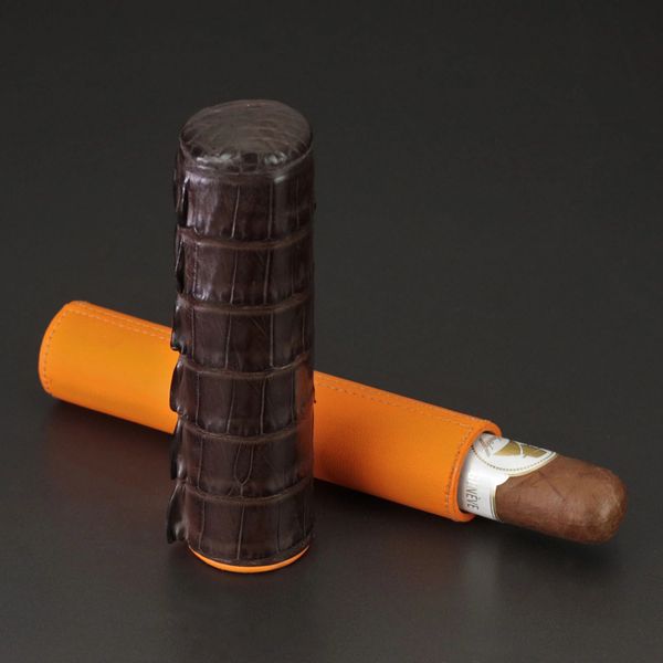 The Show Band 3 Cigar Case - Genuine Tobacco Caiman Alligator and Orange  Leather