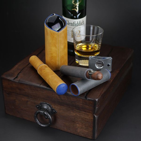 The Single Cigar Tube - Blue Ostrich and Gray Leather