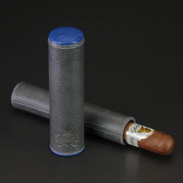 The Single Cigar Tube - Blue Ostrich and Gray Leather