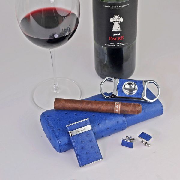 The Single Cigar Tube - Blue Ostrich and Gray Leather