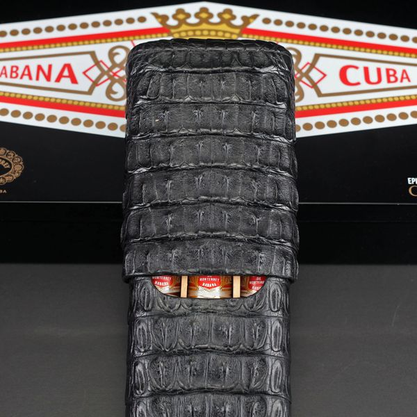 Havana Hand Finished Alligator Grain Saddle Leather Cigar Case - Black