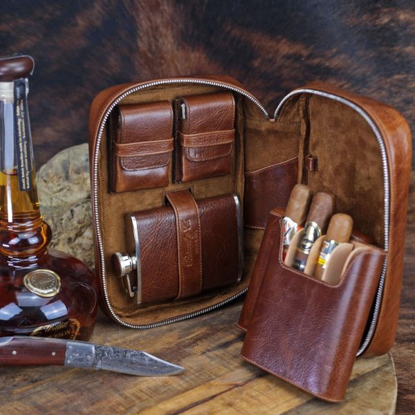 Leather Cigar Travel Case with Flask