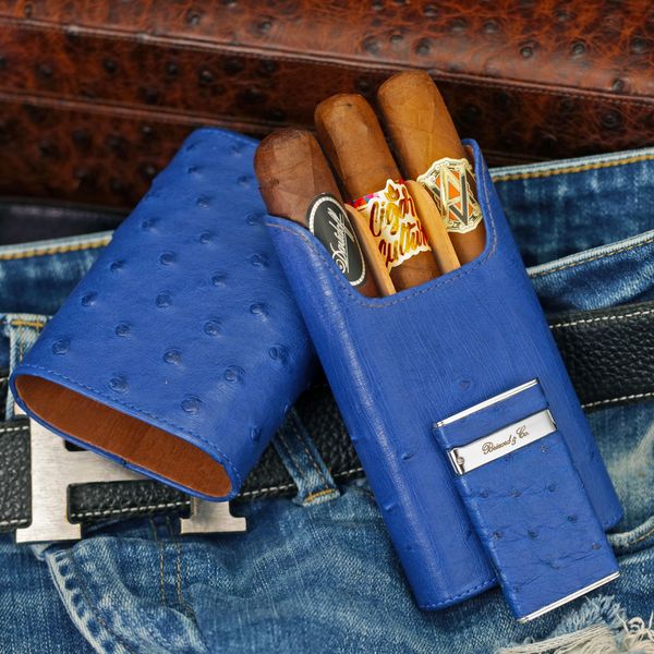 The Single Cigar Tube - Blue Ostrich and Gray Leather