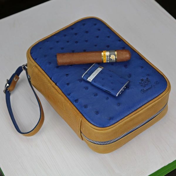 The Single Cigar Tube - Blue Ostrich and Gray Leather