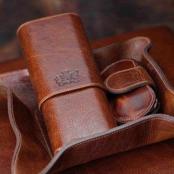 The Show Band 3 Cigar Case - Ostrich Cognac